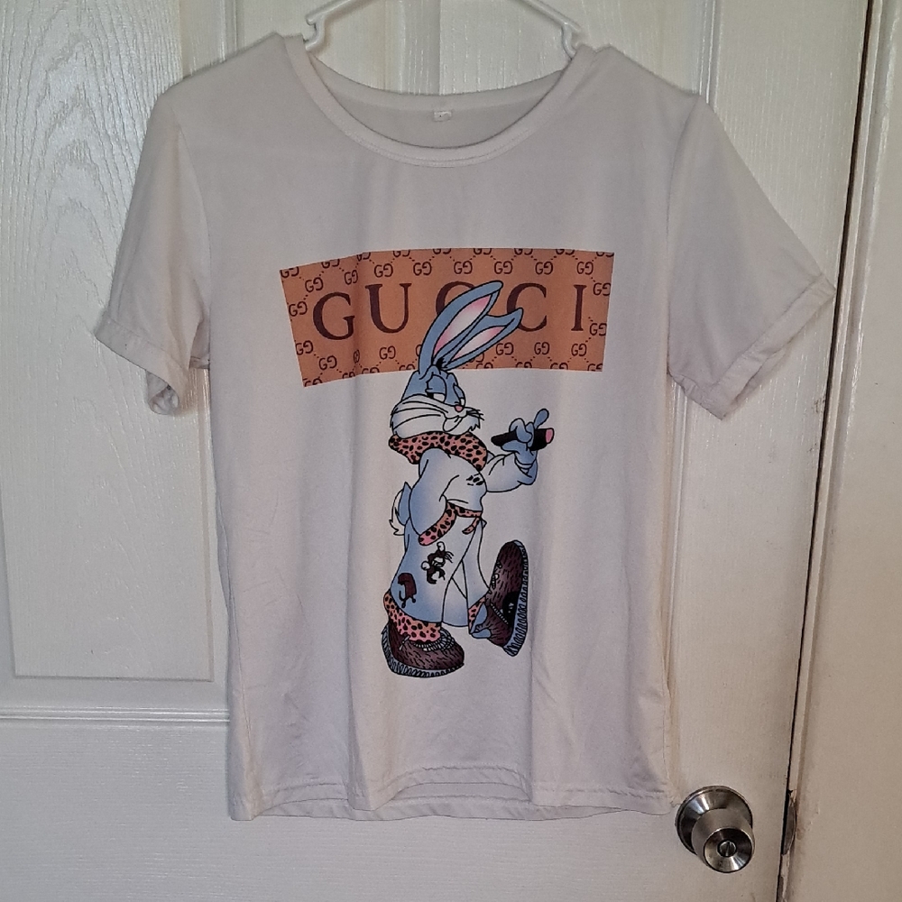 Kids White Graphic Tee with Bunny Logo - Gucci Style